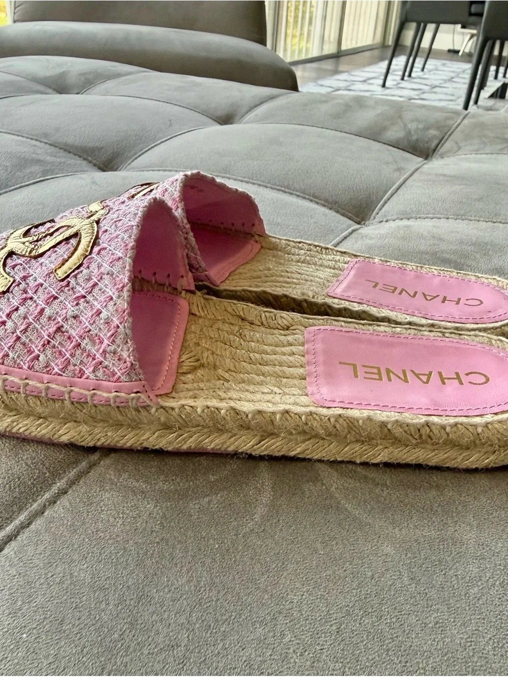 CHANEL Pink Tweed Slide Mules with Gold CC Emblem